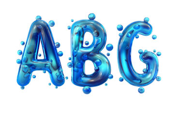 Three dimensional blue water letters abc with bubbles isolated on transparent background