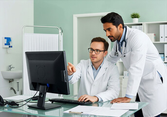 Obraz premium Doctors reviewing patient data on computer in clinic office, medical team consultation with stethoscope and white coats