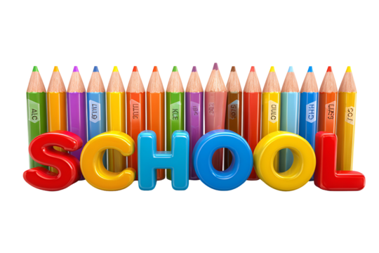 Colorful school letters and pencils isolated on transparent background