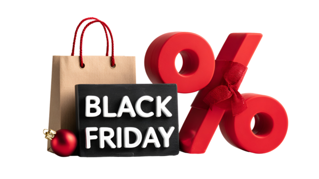 Black friday shopping bag and percentage sign isolated on transparent background