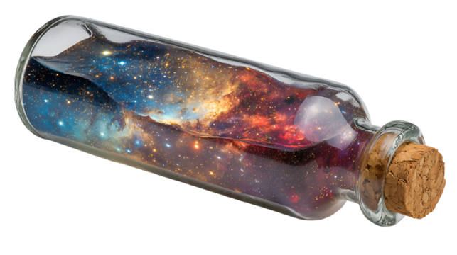 Glass bottle filled with colorful galaxy and stars isolated on transparent background - Powered by Adobe