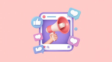 Social Media Marketing with Megaphone and Likes, Hearts, and Comments