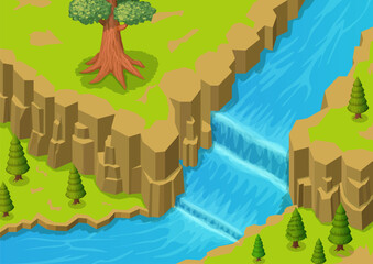 Isometric natural beautiful river and waterfall