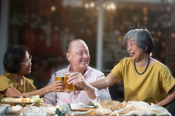 Senior friends toast beer happy outdoor retirement learning technology activities friends captured warm evening light as cheerful seniors clink glasses and share stories together table with snacks