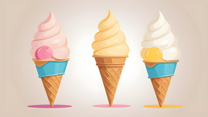 A Trio of Sweetness Vector Illustration of Pink, Vanilla, and Yellow Soft Serve Ice Cream Cones
