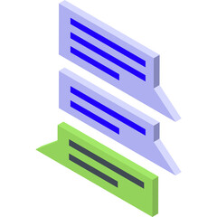 Isometric illustration of three stacked chat message bubbles with blue and green colors against a transparent background conveying communication and dialogue in a digital format