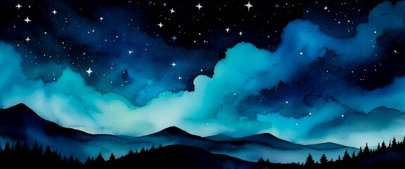 Watercolor illustration with dreamy clouds and stars. Peaceful mountain scene under sparkling night sky. Mystical nocturnal forest with sky. Tranquil starlit mountains and serene night view.