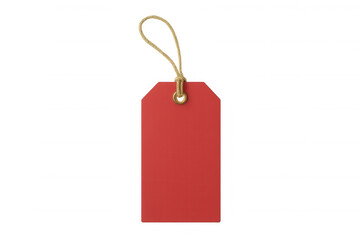Red blank tag, gift label, or price card hanging by string with gold metal eyelet, presenting clear copy space