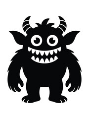 Cute black silhouette monster with big eyes and sharp teeth