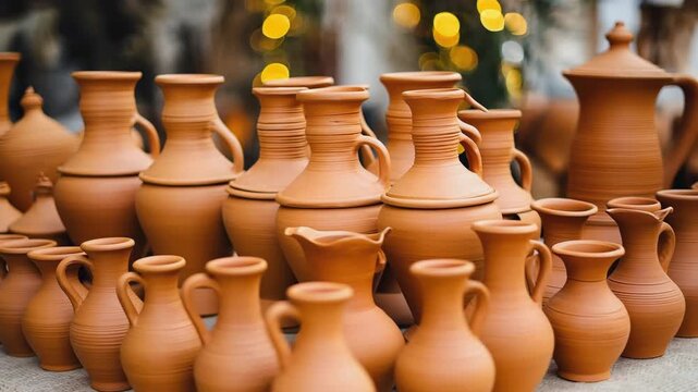 Rows of freshly made clay pots neatly arranged on wooden shelves in a pottery studio, drying before firing, showcasing traditional pottery craftsmanship and artisanal production