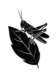 Black silhouette of a grasshopper perched on a leaf