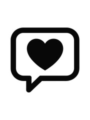Black heart icon inside a speech bubble on white background