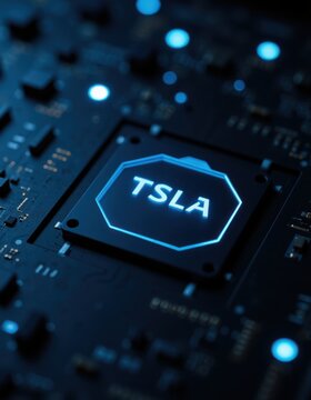 AI Core in Electronic Circuit Blue Glow Technology text TSLA NVDA on it computer technology cpu microchip digital processor