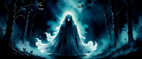 Glowing skull ghost floating in dark forest. Spooky ghost in misty woods. Haunted forest scene with luminous ghost figure. Eerie spirit illustration for Halloween theme.