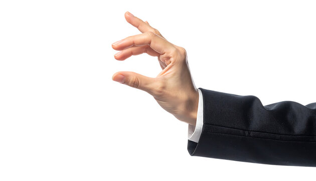 指で小さなものをつまむビジネスウーマンの手のジェスチャー  ｜背景なし・透過PNG・コピースペース