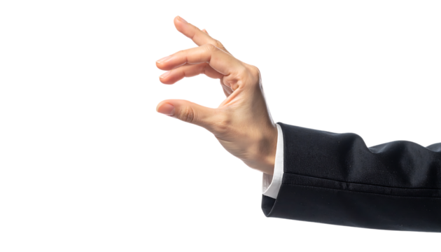 指で小さなものをつまむビジネスウーマンの手のジェスチャー  ｜背景なし・透過PNG・コピースペース