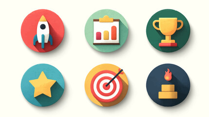 Vector Icon Set of Achievement and Success Symbols in Flat Design Style with Bright Colors for Business and Marketing Uses
