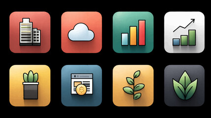 Vector Icon Set of Business and Environment Elements in Modern Flat Style with Bright Color Palette