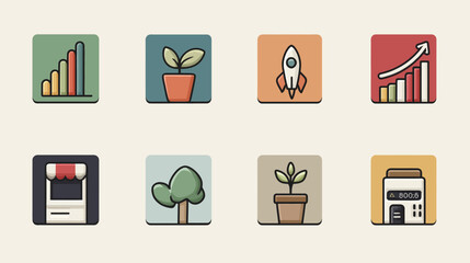 Vector Icon Set of Business Growth and Nature Symbols in Modern Minimalist Style with Soft Pastel Colors