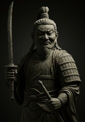 Obraz premium Warrior Statue in Armor: A stoic statue of a warrior, clad in detailed armor and holding a sword, stands as a symbol of strength and martial prowess against a simple background. 