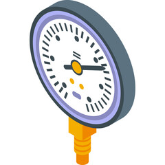 Isometric pressure gauge with white face and black markings on a transparent background showing accurate measurements with a metallic gold connector