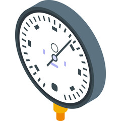 Isometric pressure gauge with white face and black markings on a transparent background with a gray casing and orange connector for measurement and industrial applications
