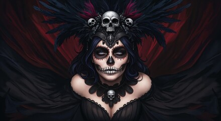 Eerie Elegance: A hauntingly beautiful figure adorned in elaborate skull-themed regalia, embodying the mystical allure of the Day of the Dead. Capturing the ethereal beauty and somber grace.