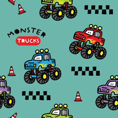Monster Truck Cartoon Pattern Background 