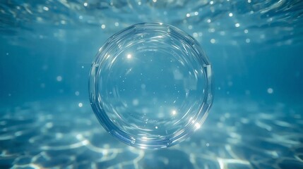 
Floating Glass Disc in Underwater Scene – Transparent Beveled Circle with Realistic Reflections, Light Beams, and Particles in Blue Aquatic Background, 8K Photorealism