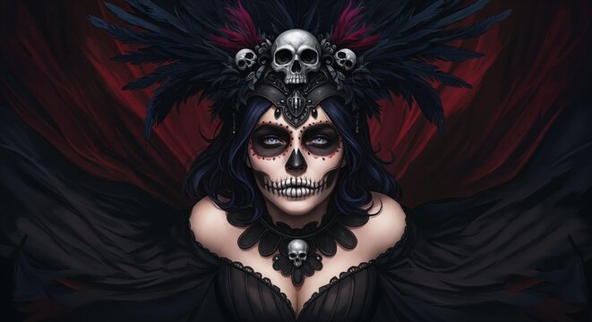 Eerie Elegance: A hauntingly beautiful figure adorned in elaborate skull-themed regalia, embodying the mystical allure of the Day of the Dead. Capturing the ethereal beauty and somber grace.