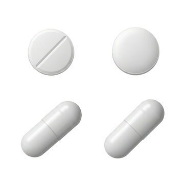 Two round white pills and two oval white capsules isolated on transparent background