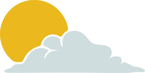 Stylized bright yellow sun partially hidden behind fluffy light blue and white clouds with transparent background graphic element