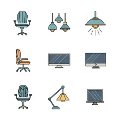 Office furniture and equipment arranged neatly on white backdrop showcasing minimalist style and modern workspace design with clean lines and simple shapes.