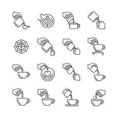 Hand pouring milk into coffee cup creating latte art on white table, showcasing the process of making a delicious drink in a minimalist style.