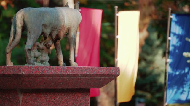 Chisinau, Moldova - September 25, 2025: Historic bronze statue of the Capitoline Wolf with Romulus and Remus on a red marble pedestal in front of the NaHistoric bronzeational History Museum of Moldova