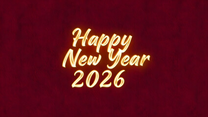Glowing golden text Happy New Year 2026 on dark red textured background image