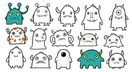 A collection of 15 unique, hand-drawn cartoon monsters with various expressions and features.
