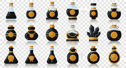 A collection of various dark-colored bottles with golden labels and accents, including soy sauce and potion-like containers.