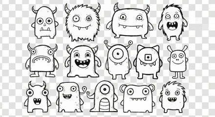 Collection of cute cartoon monsters in black and white outline.