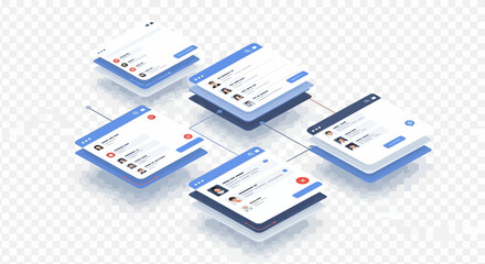 Isometric network of connected user interface windows with profile icons.