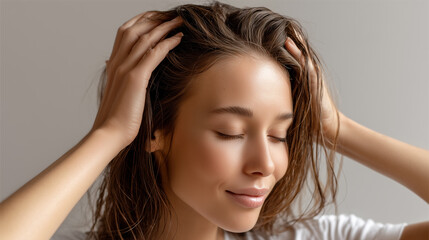Naklejka premium Woman Applying Hair Oil and Massaging Scalp