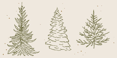 Whimsical Christmas tree set. Hand drawn minimal line and scribble style with vintage ink texture and retro charm. Outline festive elements with chalk and crayon touch. Isolated vector illustration.