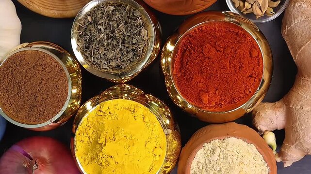 Overhead top view flat lay colourful array of spices herbs powder blue clay ceramic brass metal pot on dark black slate surface with a clean and neat appearance spice copy text space border frame