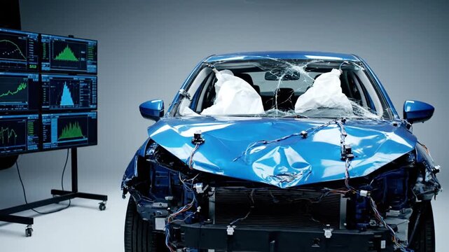 Engineer Inspects a Wrecked Blue Car in a Laboratory After a High-Impact Safety Crash Test with Data Monitors.