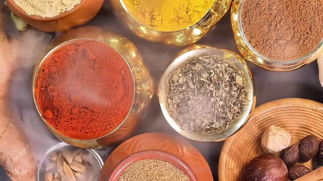 Overhead top view flat lay colourful array of spices herbs powder blue clay ceramic brass metal pot on dark black slate surface with a clean and neat appearance spice copy text space border frame