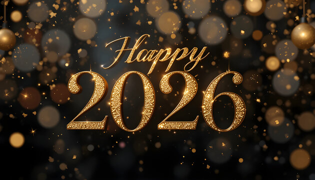 Golden Happy 2026 text with falling confetti and bokeh lights year celebration