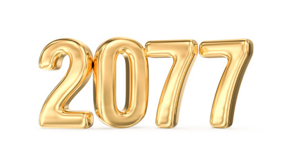 Luxurious golden metallic 3D year 2077 standing isolated on a white background, symbolizing the future date.
