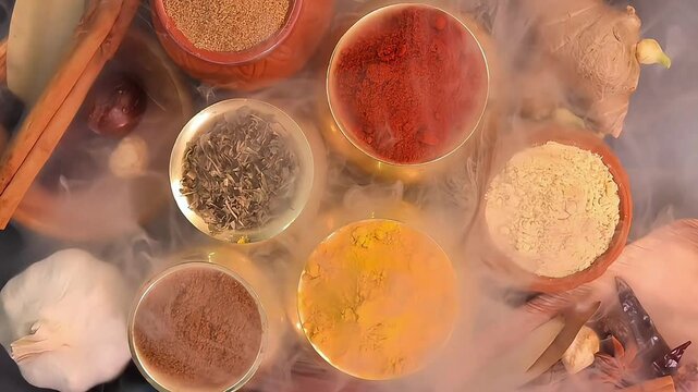 Overhead top view flat lay colourful array of spices herbs powder blue clay ceramic brass metal pot on dark black slate surface with a clean and neat appearance spice copy text space border frame