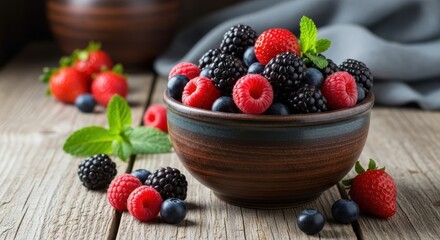 A bowl of mixed berries, including strawberries, raspberries, blueberries, and blackberries, is placed on a wooden table, garnished with fresh mint leaves