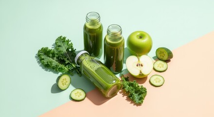 Green smoothie bottles with kale, apple, and cucumber on a split background, showcasing a healthy and refreshing beverage option for a balanced lifestyle